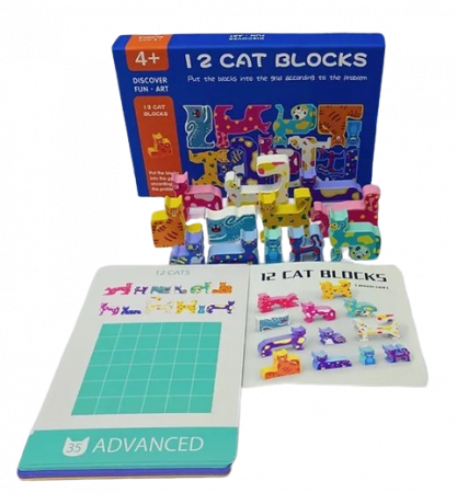 Jocuri de memorie si inteligenta - Joc Educativ 3D,  Montessori, Lemn, Tetris Cu Pisici, 4 ani+