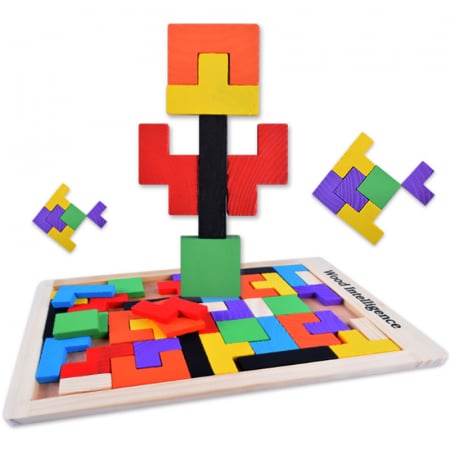 Joc educativ de inteligenta Tetris, puzzle, lemn, multicolor, Montesorri, 3 ani+, Edujucarii [13]