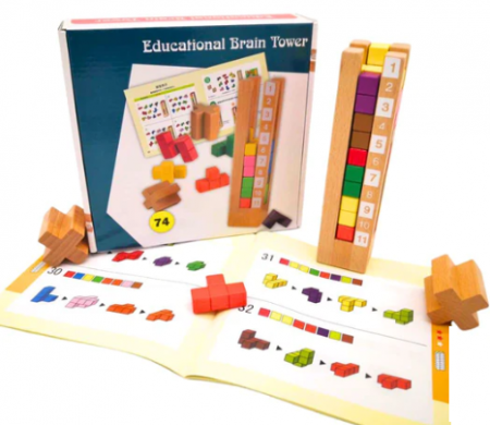De Bebe - Joc educativ de potrivire forme, Turn tetris, lemn, Montessori, 3 ani+, EduJucarii