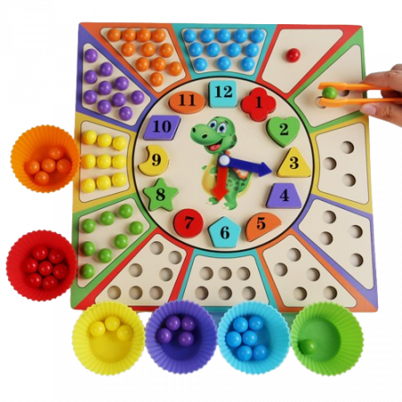 Joc Educativ din Lemn, Ceas Dinozaur, Sortare Culori și Motricitate Fină, Montessori 3 ani+, EduJucarii [1]