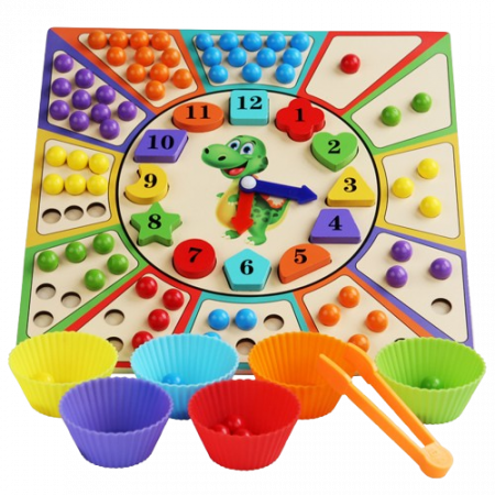 Jocuri de memorie, inteligenta si asociere - Joc Educativ din Lemn, Ceas Dinozaur, Sortare Culori și Motricitate Fină, Montessori 3 ani+, EduJucarii