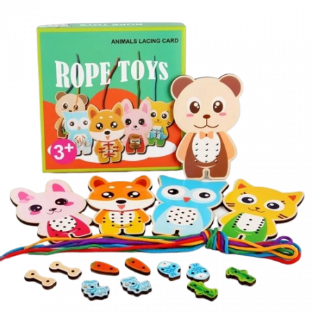 Jocuri educative - Joc educativ din lemn de snuruit animalute, Montessori, Rope Toys, 3 ani+