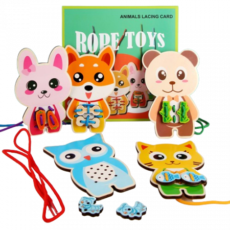 Joc educativ din lemn de snuruit animalute, Montessori, Rope Toys, 3 ani+ [1]