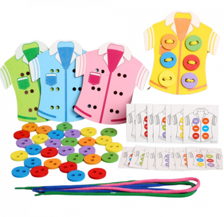 Frumusete, bijuterii si accesorii fetite - Joc educativ din lemn de snuruit nasturii pe camasa, Montessori, 3 ani+