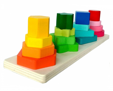 Joc educativ din lemn de sortare, potrivire si stivuire forme geometrice, 4 coloane, 16 forme geometrice, Montessori, 3 ani [2]
