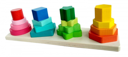 Joc educativ din lemn de sortare, potrivire si stivuire forme geometrice, 4 coloane, 16 forme geometrice, Montessori, 3 ani [0]