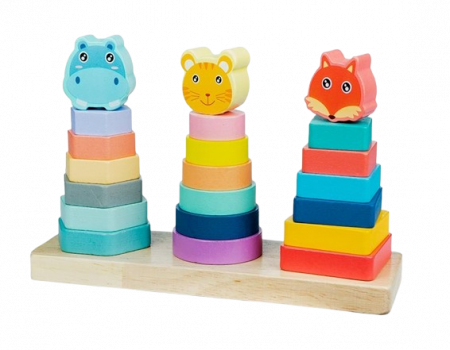Seturi de constructie - Joc educativ din lemn de sortare, potrivire si stivuire forme geometrice, 3 coloane cu animale, Montessori, 3 ani
