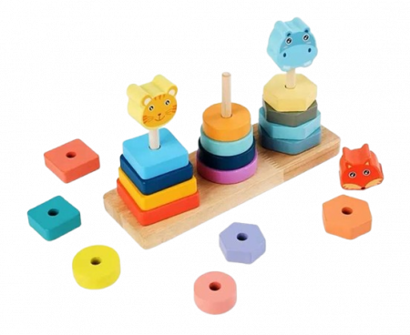 Joc educativ din lemn de sortare, potrivire si stivuire forme geometrice, 3 coloane cu animale, Montessori, 3 ani [1]