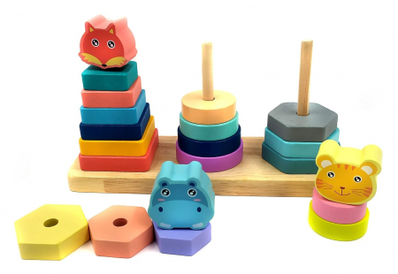 Joc educativ din lemn de sortare, potrivire si stivuire forme geometrice, 3 coloane cu animale, Montessori, 3 ani [3]