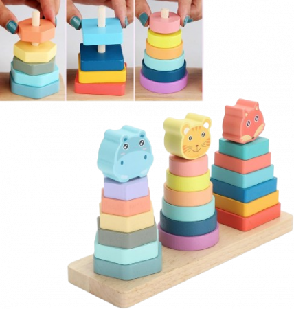 Joc educativ din lemn de sortare, potrivire si stivuire forme geometrice, 3 coloane cu animale, Montessori, 3 ani [4]