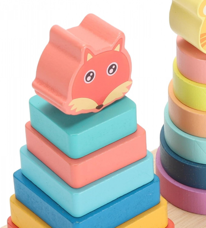 Joc educativ din lemn de sortare, potrivire si stivuire forme geometrice, 3 coloane cu animale, Montessori, 3 ani [5]