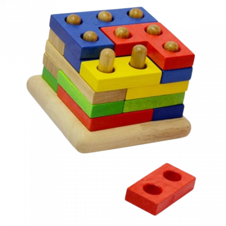 Joc educativ din lemn de sortare, potrivire si stivuire forme geometrice, 9 coloane, 15 forme geometrice, 3 ani, Sortator Montessori din lemn cu forme geometrice [2]