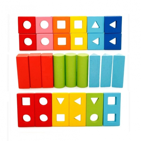 Joc educativ din lemn de sortare, potrivire si stivuire forme geometrice, 9 coloane, 15 forme geometrice, 3 ani, Sortator Montessori din lemn cu forme geometrice [3]
