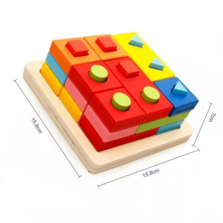 Joc educativ din lemn de sortare, potrivire si stivuire forme geometrice, 9 coloane, 15 forme geometrice, 3 ani, Sortator Montessori din lemn cu forme geometrice [4]