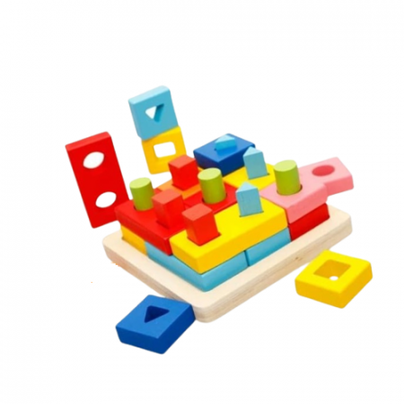 Joc educativ din lemn de sortare, potrivire si stivuire forme geometrice, 9 coloane, 15 forme geometrice, 3 ani, Sortator Montessori din lemn cu forme geometrice [0]