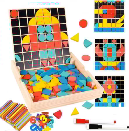 Jocuri educative - Joc educativ din lemn, multifunctional, Mosaic variety board, Pixel, 184 piese, 3 ani +, EduJucarii