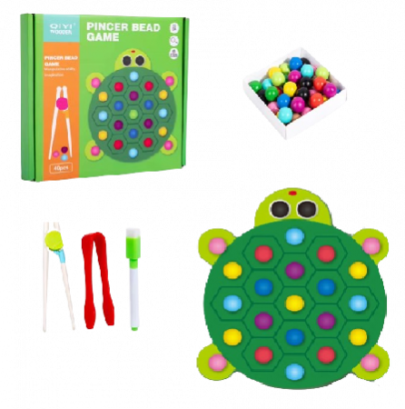 Jucarii interactive - Joc educativ Montessori din lemn, Pincer Bead Game, Broasca, pentru memorie, potrivire si sortare, 3 ani +, EduJucarii