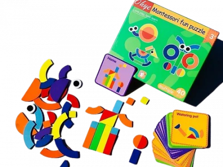 Joc educativ Montessori, Tangram cu 40 piese geometrice multicolore din lemn, + 3 ani [1]