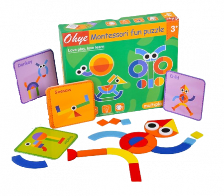 Joc educativ Montessori, Tangram cu 40 piese geometrice multicolore din lemn, + 3 ani [0]