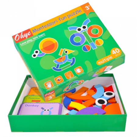 Joc educativ Montessori, Tangram cu 40 piese geometrice multicolore din lemn, + 3 ani [2]