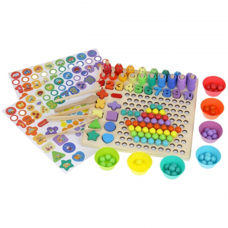 Joc Logarithmic 6 in 1 de sortare, indemanare si asociere culori, forme geometrice, stivuire piese, operatii matematice, pescuit magnetic, bile colorate din lemn si accesorii, Joc tip Montessori, 3 an [1]