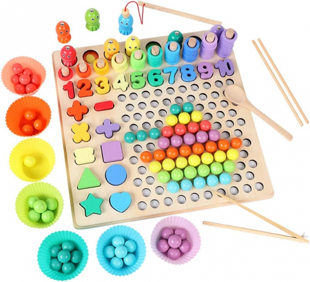 Puzzle - Joc Logarithmic 6 in 1 de sortare, indemanare si asociere culori, forme geometrice, stivuire piese, operatii matematice, pescuit magnetic, bile colorate din lemn si accesorii, Joc tip Montessori, 3 an
