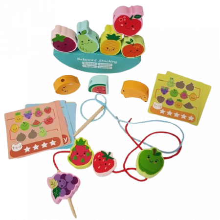 Joc Montessori de echilibru si insiruire cu carduri de asociere, 12 piese de lemn pentru stivuire, Balanced Stacking Beading, Fructe, 3 ani, EduJucarii [2]