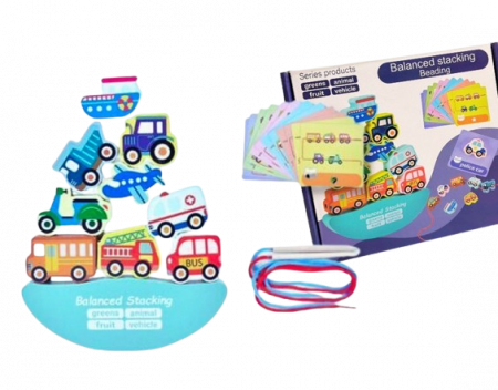 Joc Montessori de echilibru si insiruire cu carduri de asociere, 12 piese de lemn pentru stivuire, Balanced Stacking Beading, Vehicule, 3 ani, EduJucarii [2]