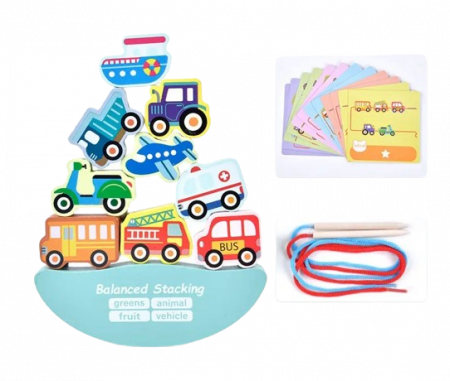 Jucarii educative - Joc Montessori de echilibru si insiruire cu carduri de asociere, 12 piese de lemn pentru stivuire, Balanced Stacking Beading, Vehicule, 3 ani, EduJucarii