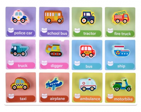 Joc Montessori de echilibru si insiruire cu carduri de asociere, 12 piese de lemn pentru stivuire, Balanced Stacking Beading, Vehicule, 3 ani, EduJucarii [3]