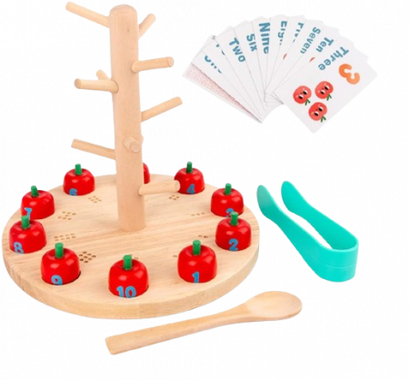 Jocuri de memorie, inteligenta si asociere - Joc Montessori de Matematica si Indemanare, Pomul cu Mere, 10 mere, 10 cartonase, 3 ani+, EduJucarii