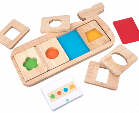 Jucarii si activitati Montessori si Waldorf - Joc Montessori de recunoastere,  asociere culori si forme geometrice, Piosso Balena, lemn, 18 luni +, Edujucarii