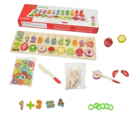 Joc multifunctional tip Montessori din lemn logaritmic cu cerculete multicolore pt cantitate, numere, semne matematice, fructe si cutit de feliat, Fruit Matching, 78 piese [4]