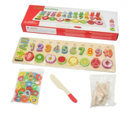 Jucarii si jocuri educative - Joc multifunctional tip Montessori din lemn logaritmic cu cerculete multicolore pt cantitate, numere, semne matematice, fructe si cutit de feliat, Fruit Matching, 78 piese