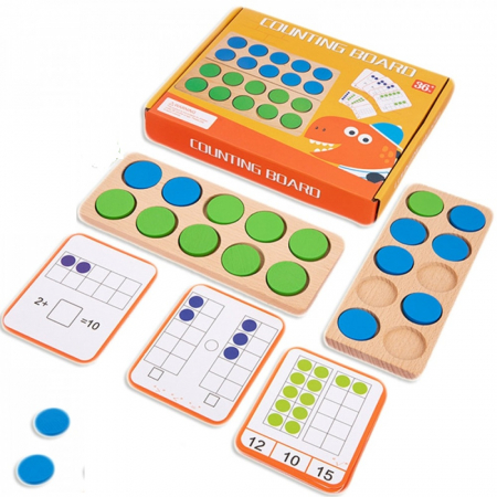 Joc pentru dezvoltarea abilitatilor matematice, Counting Board, jucarie educationala pentru copii prescolari, Jucarie Montessori pentru copii cu invatare timpurie, 20 de carduri cu imagini si 20 jetoa [1]