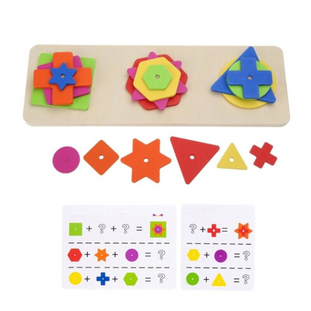 Jocuri de memorie, inteligenta si asociere - Joc pentru stimularea inteligentei, 3 coloane forme geometrice, Montessori, lemn, 3 ani+