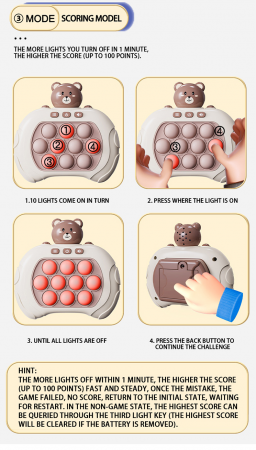 Joc Pop It electronic, interactiv, consola pentru copii si adulti, Antistres, Sunete si Lumini, Portabil, multe Niveluri, 4 Moduri, Multiplayer, Memorie, Score Mode, Squeeze Poppet, Antistres, Urs [7]