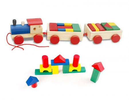 Cuburi si caramizi - Jucarie din lemn Trenulet, set de construit, 18 piese, forme geometrice, 3 ani+, EduJucarii