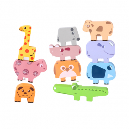 Jucarii si jocuri educative - Jucarie educativa Montessori pentru copii, set 10 figurine de lemn pentru stivuire, Animal Stacking block game, 3 ani