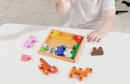 Joc educativ, Tetris animale, 10 figurine de lemn pentru stivuire si asamblare, Montessori, Animal Creative JigSaw, 3 ani, EduJucarii [10]