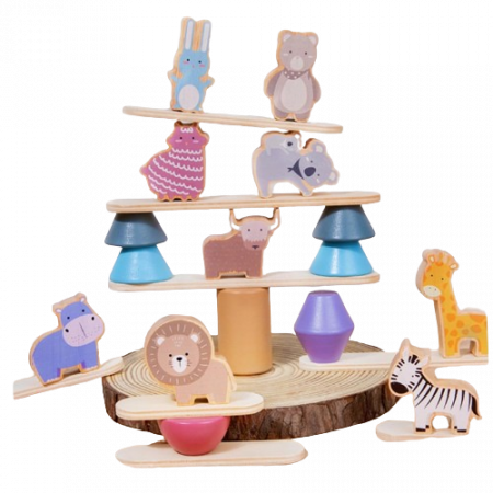 Jucarie educativa Montessori pentru copii, set 24 piese figurine si forme de lemn pentru stivuire, Animal Balance Jenga, 3 ani, Edujucarii [8]