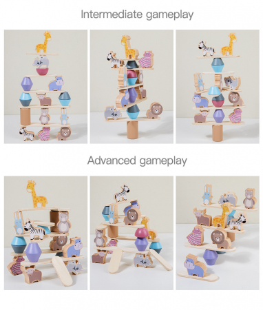 Jucarie educativa Montessori pentru copii, set 24 piese figurine si forme de lemn pentru stivuire, Animal Balance Jenga, 3 ani, Edujucarii [4]