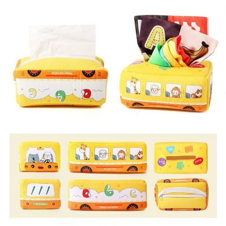 Jucarie educativa si senzoriala bebe, Cutie cu batiste, material textil, Montessori, Autobuz cu animale, EduJucarii, 3 luni+ [4]