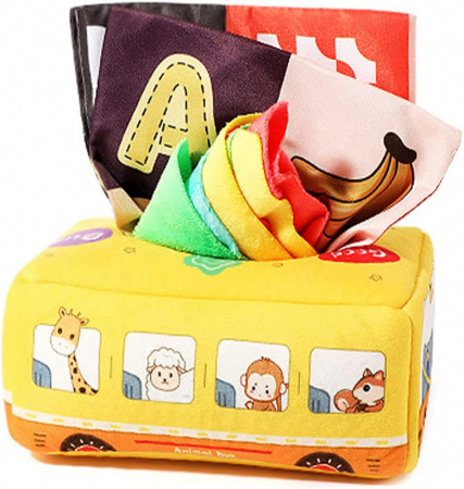 Jucarii interactive bebelusi - Jucarie educativa si senzoriala bebe, Cutie cu batiste, material textil, Montessori, Autobuz cu animale, EduJucarii, 3 luni+