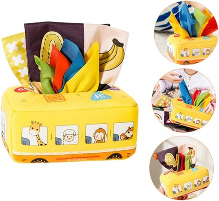 Jucarie educativa si senzoriala bebe, Cutie cu batiste, material textil, Montessori, Autobuz cu animale, EduJucarii, 3 luni+ [2]