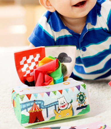 Jucarie educativa si senzoriala bebe, Cutie cu batiste, material textil, Montessori, Lumea circului, EduJucarii, 3 luni+ [7]