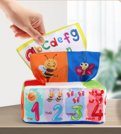 Jucarie educativa si senzoriala bebe, Cutie cu batiste, material textil, Montessori, Litere si forme geometrice, EduJucarii, 3 luni+ [10]