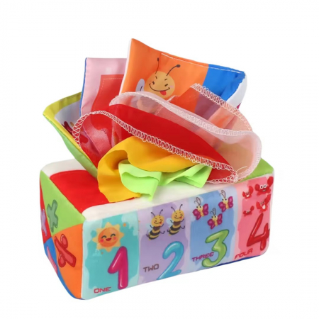 Jucarie educativa si senzoriala bebe, Cutie cu batiste, material textil, Montessori, Litere si forme geometrice, EduJucarii, 3 luni+ [0]