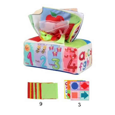 Jucarie educativa si senzoriala bebe, Cutie cu batiste, material textil, Montessori, Litere si forme geometrice, EduJucarii, 3 luni+ [2]