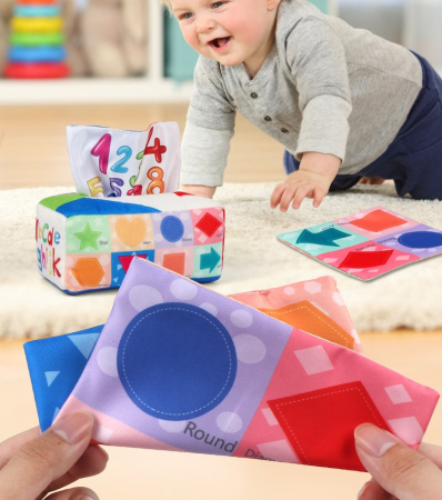 Jucarie educativa si senzoriala bebe, Cutie cu batiste, material textil, Montessori, Litere si forme geometrice, EduJucarii, 3 luni+ [11]